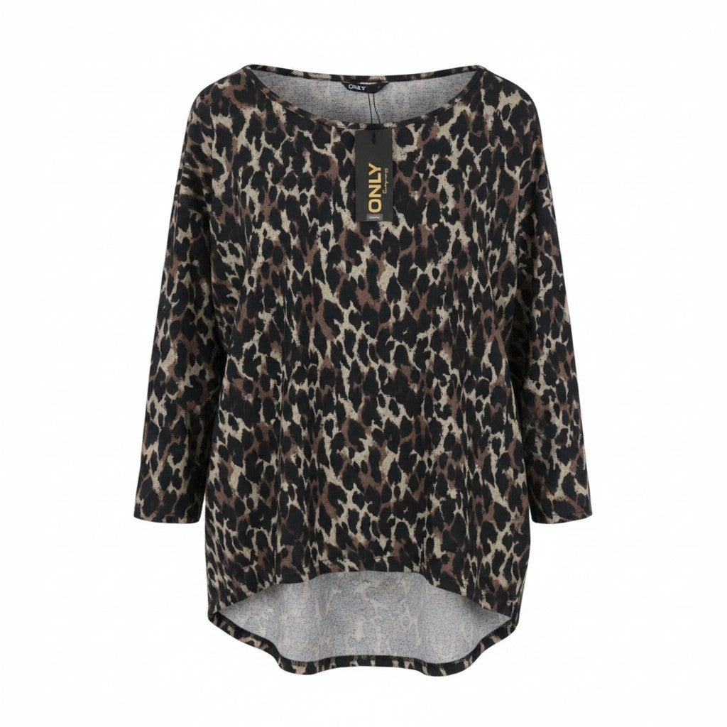 ONLY Elcos Women Sweatshirt M Brown Leopard Print Round Neck 3/4 Sleeve