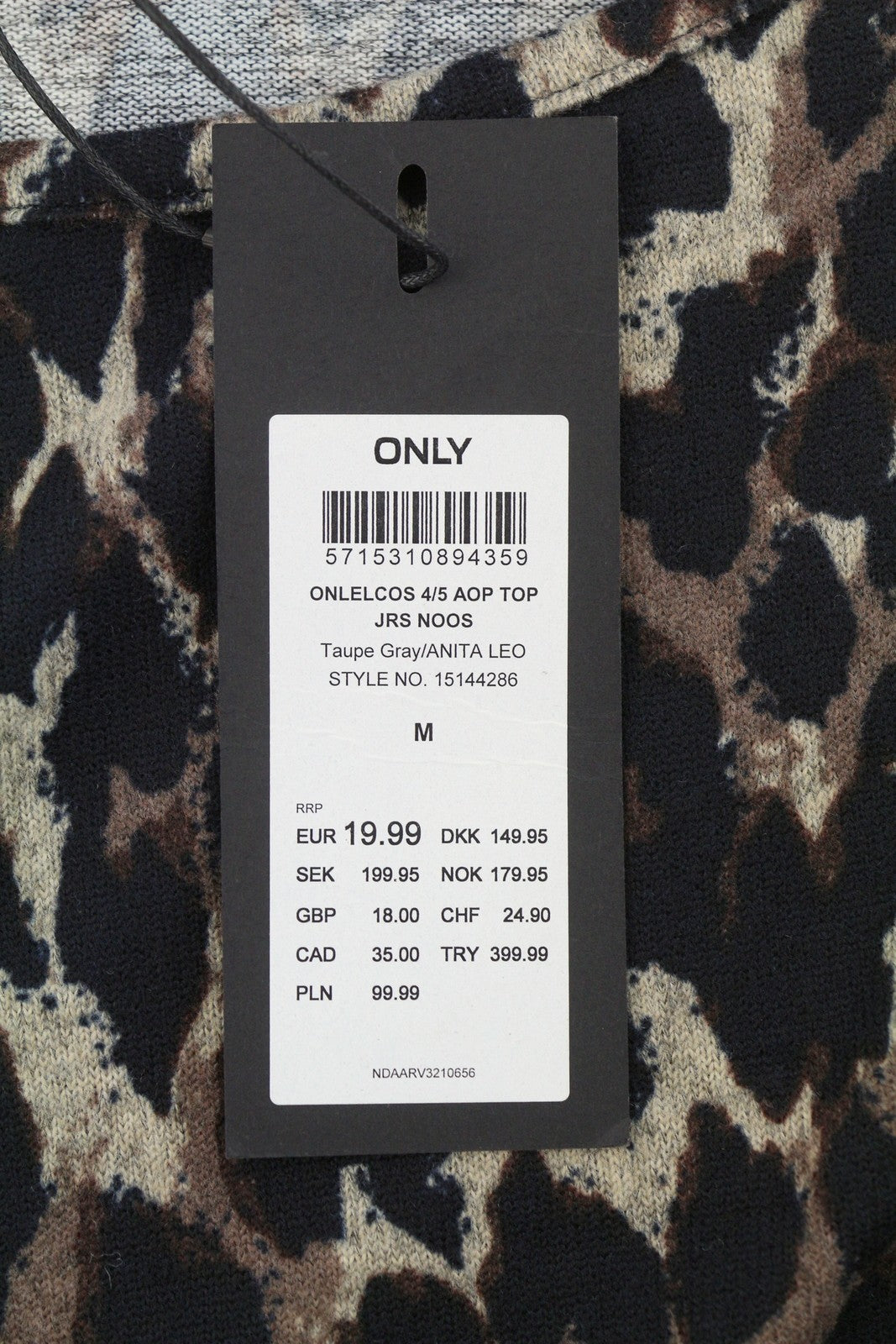 ONLY Elcos Women Sweatshirt M Brown Leopard Print Round Neck 3/4 Sleeve