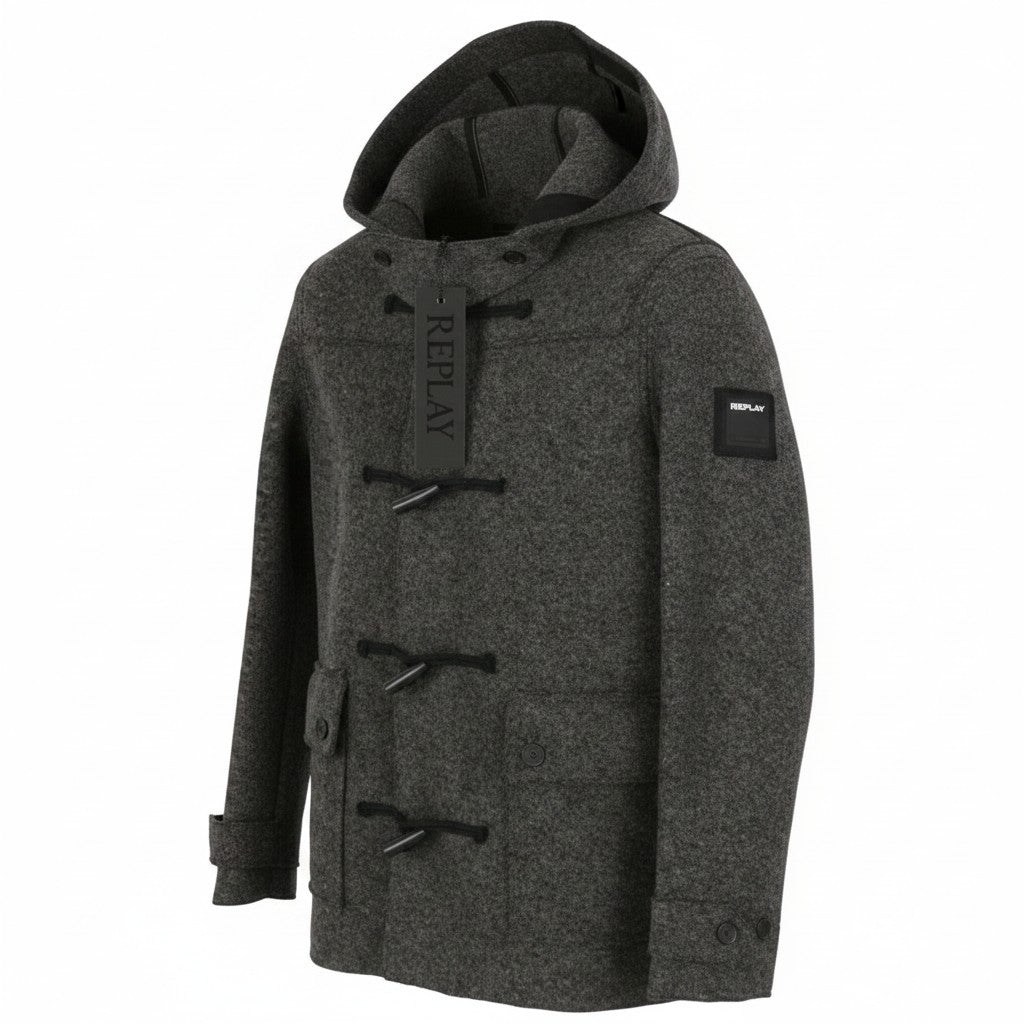 REPLAY Men Coat XL Grey Melange Wool Blend Toggles Button Hooded