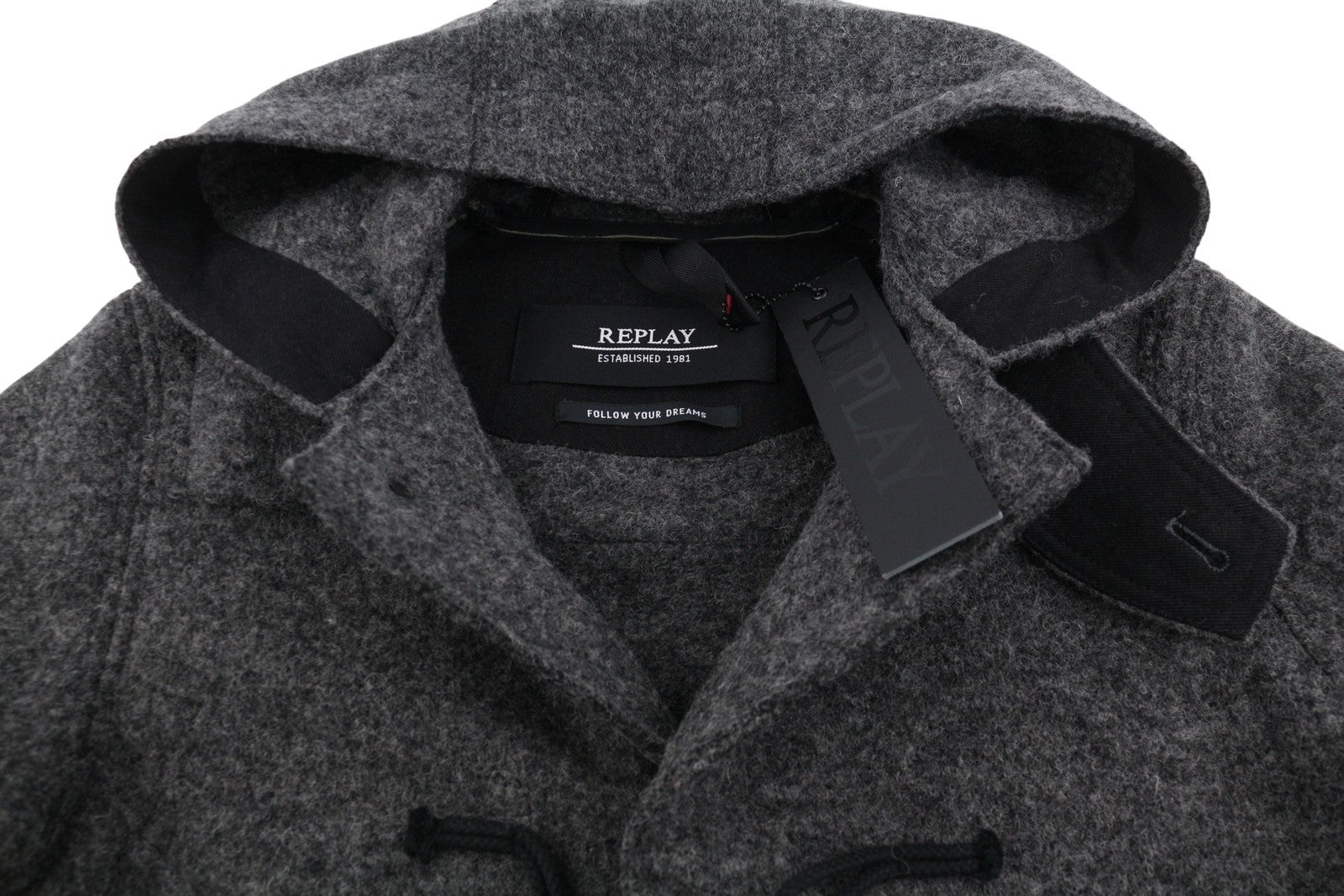REPLAY Men Coat XL Grey Melange Wool Blend Toggles Button Hooded