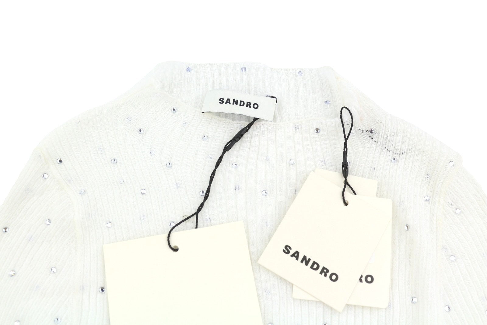 SANDRO Women Blouse 0 XS White Sheer Rhinestone Long Sleeve Top