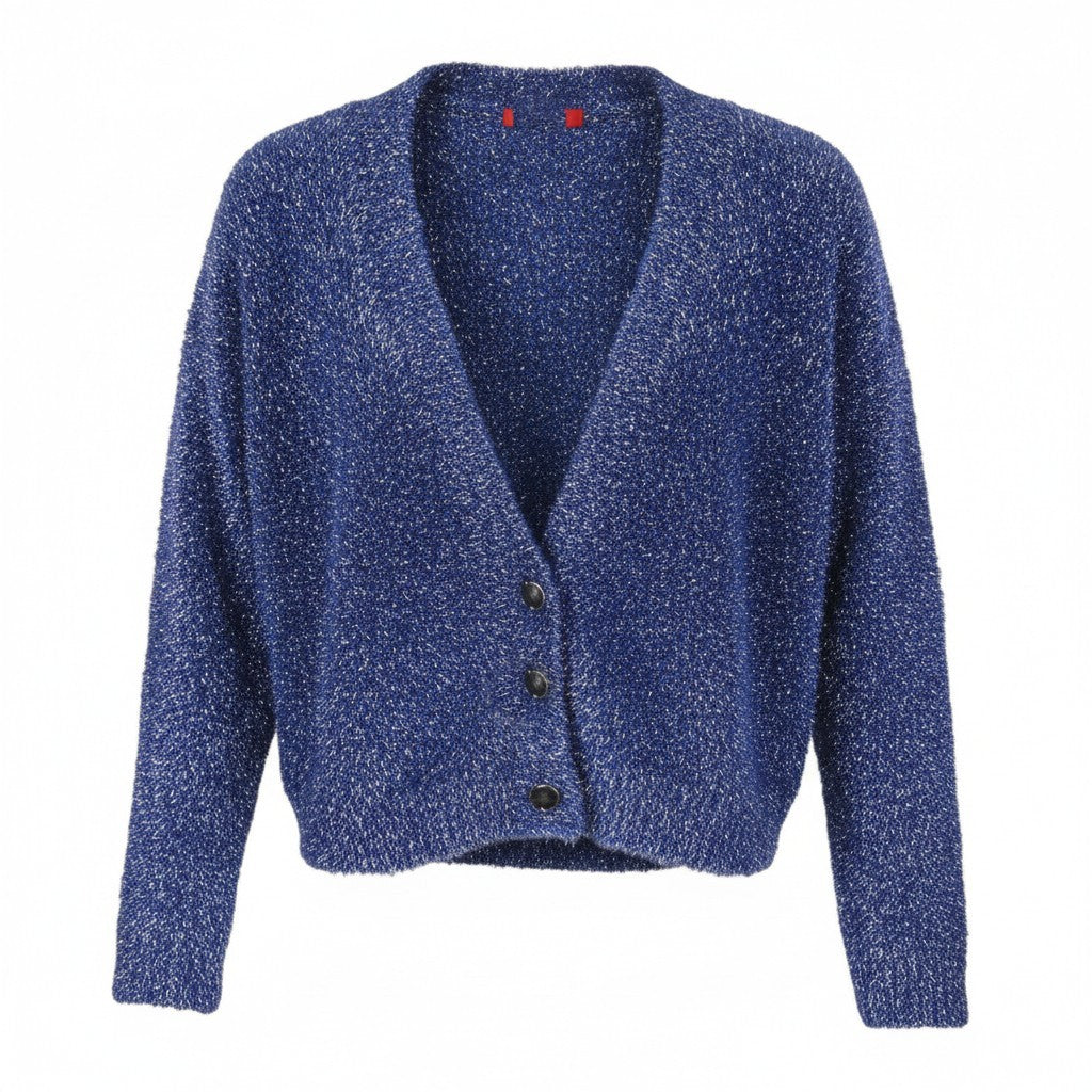MAX&CO. Women Jumper M Blue Metallic Glitter Fuzzy Knit Cardigan