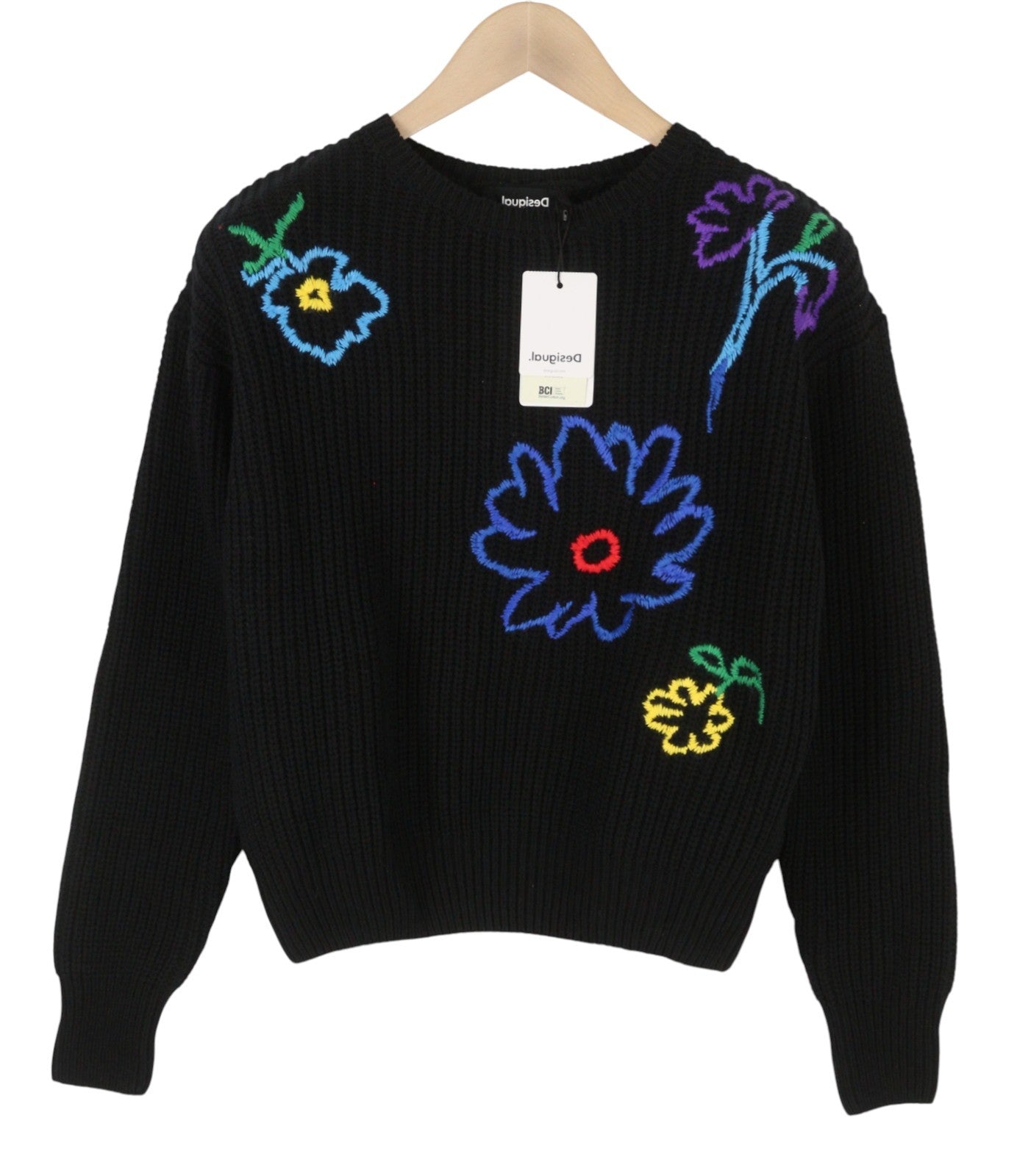 DESIGUAL Jers Larson Women Jumper XS Black Floral Embroidered Oversize Knit