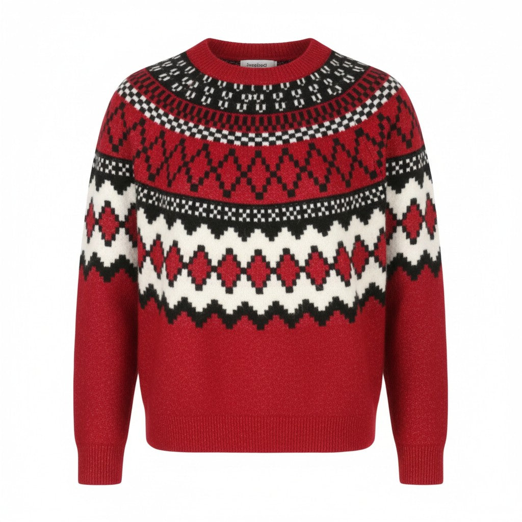 DESIGUAL Jers Buddy Women Jumper XL Red Pattern Mock Neck Knit Pull On
