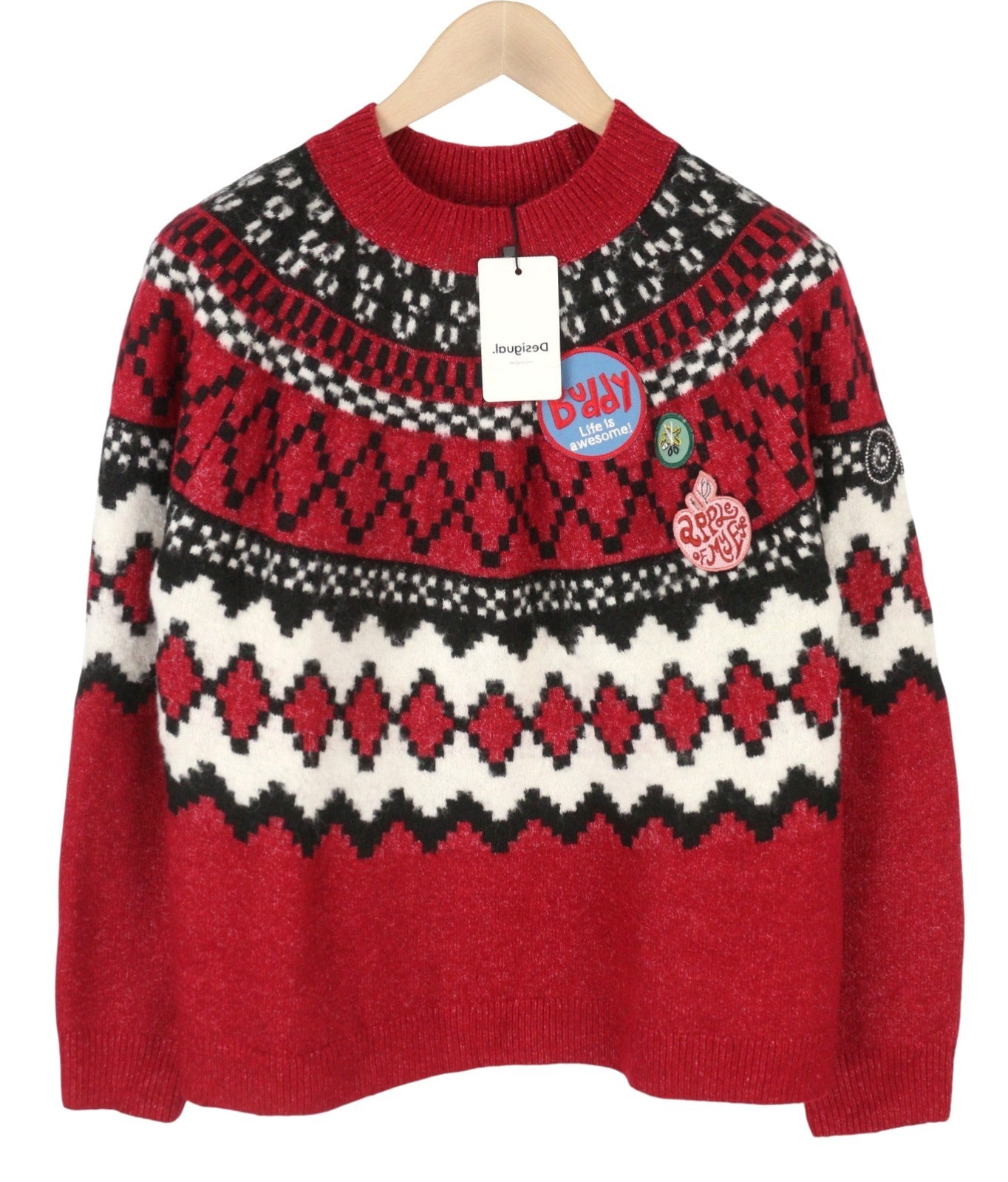 DESIGUAL Jers Buddy Women Jumper XL Red Pattern Mock Neck Knit Pull On