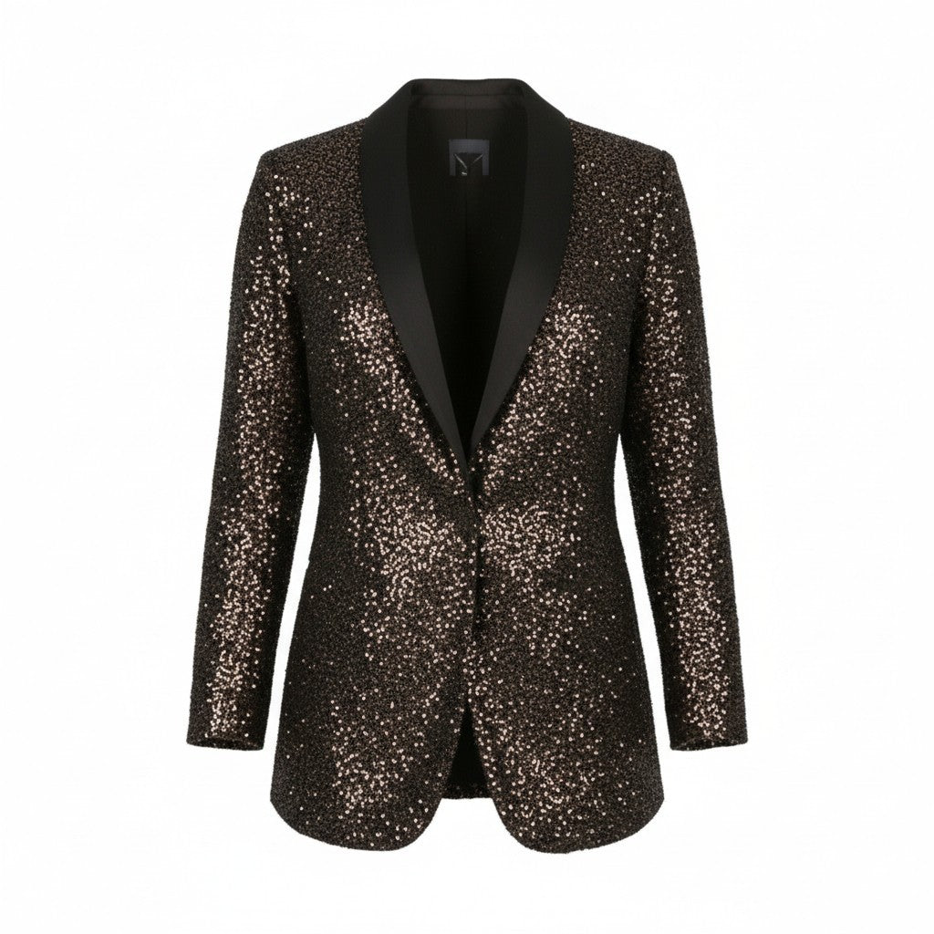 MAX MARA Women Blazer EU46 Brown Glitter Shawl Lapel Single Button
