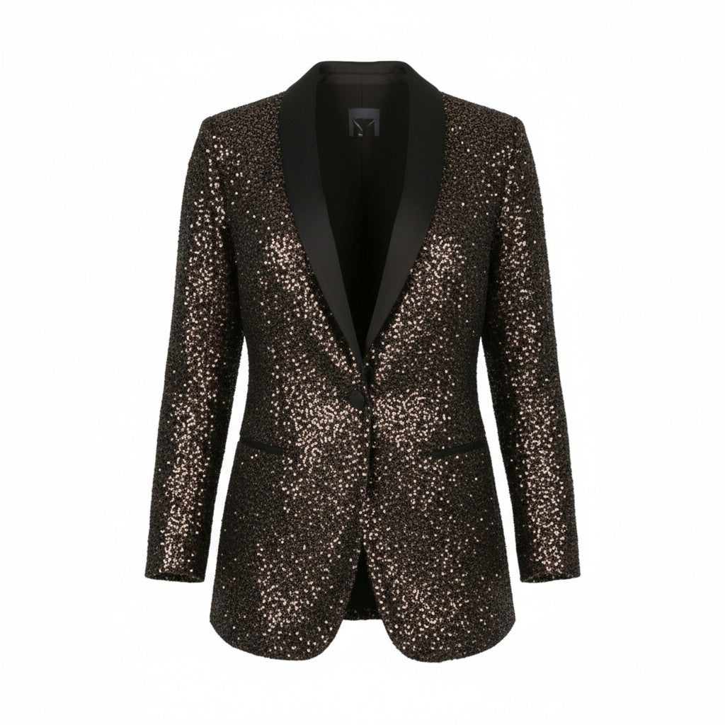 MAX MARA Women Blazer EU50 Brown Glitter Shawl Lapel Single Button