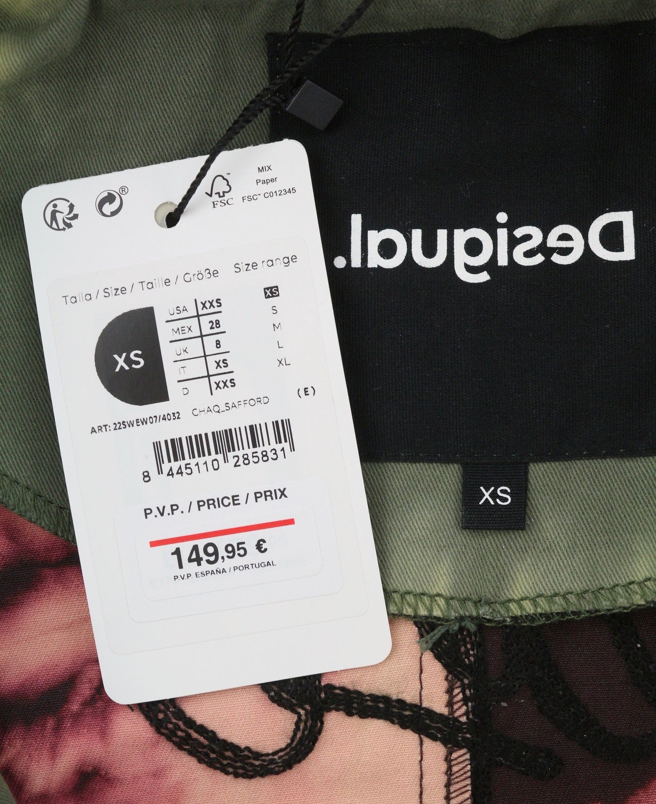 DESIGUAL Chaq Safford Women Jacket XS Green Pattern Hooded Light Mid-Length