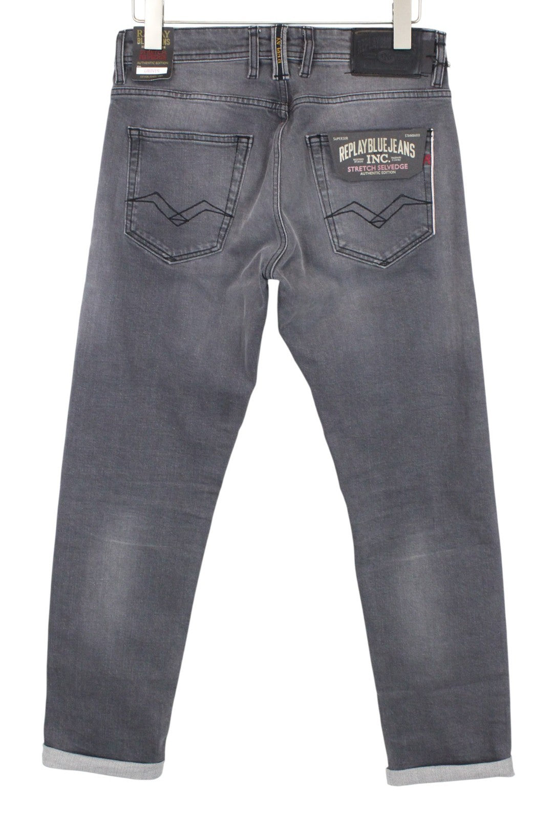 REPLAY Grover Men Jeans W30/L34 Mid Grey Stretch Straight Cut Salvage Buttoned