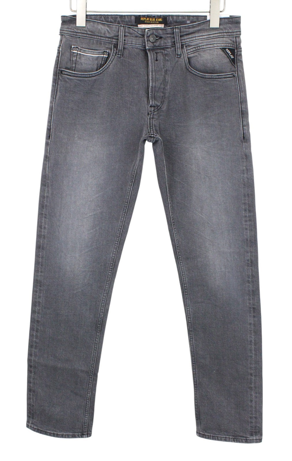 REPLAY Grover Men Jeans W30/L34 Mid Grey Stretch Straight Cut Salvage Buttoned