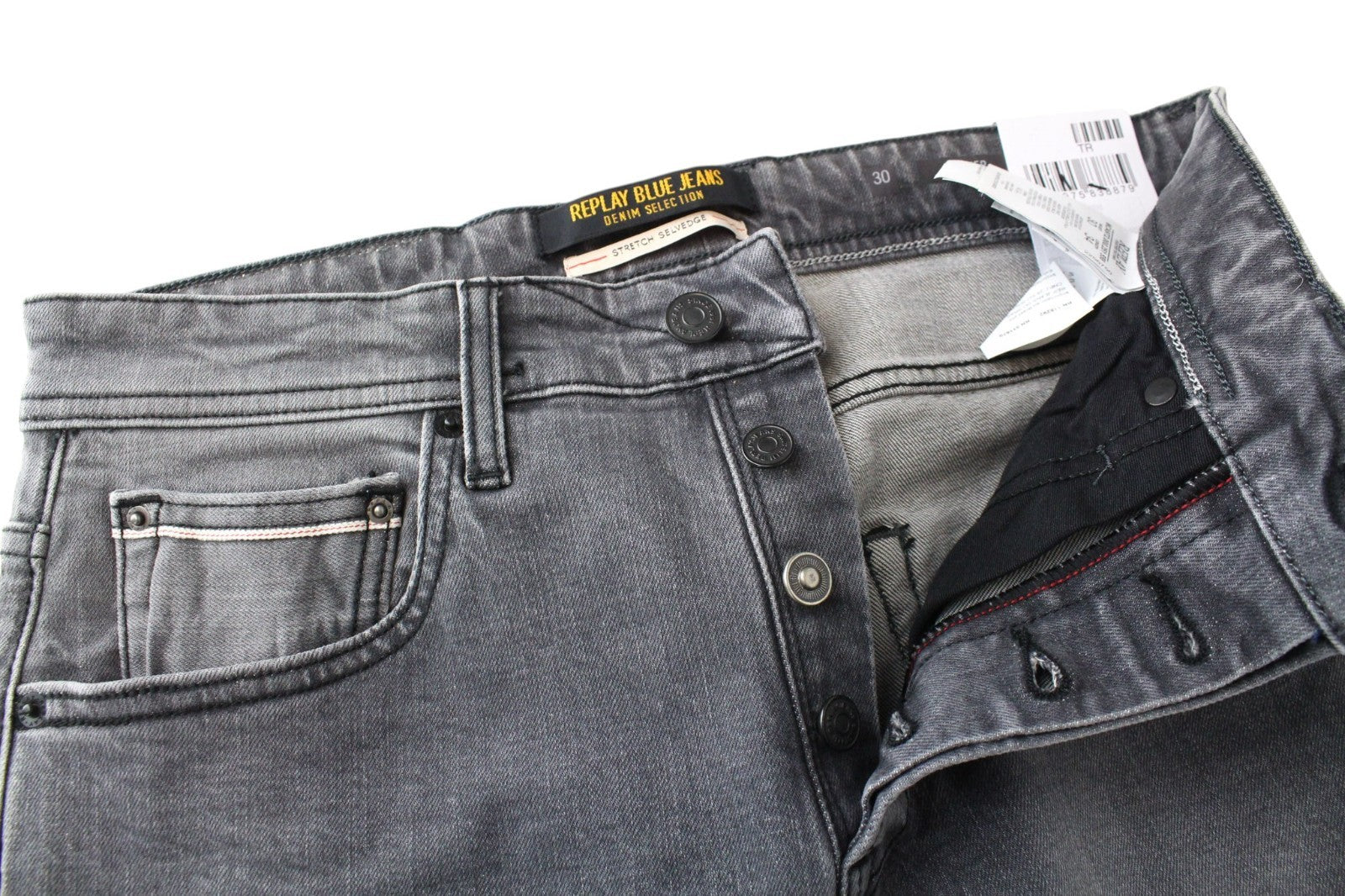 REPLAY Grover Men Jeans W30/L34 Mid Grey Stretch Straight Cut Salvage Buttoned