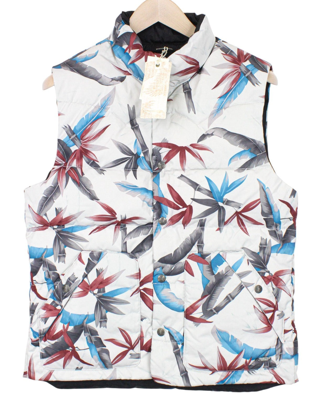 SCOTCH & SODA Men Vest M Off-White Reversible Leaf Print Buttoned High Neck