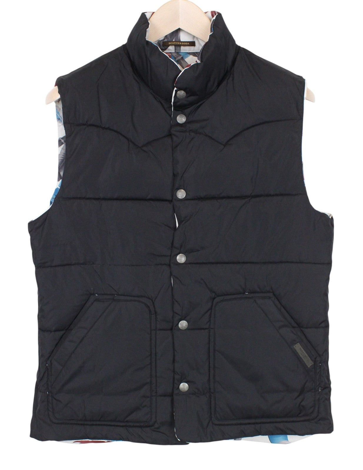 SCOTCH & SODA Men Vest M Off-White Reversible Leaf Print Buttoned High Neck