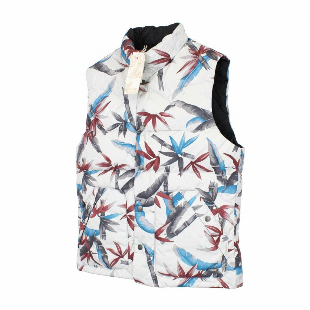 SCOTCH & SODA Men Vest M Off-White Leaf Print High Neckline Buttoned Reversible