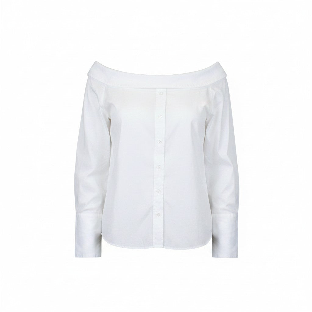 SUISTUDIO Bob Women Shirt M White Cotton Stretch Asymmetrical Off-Shoulder