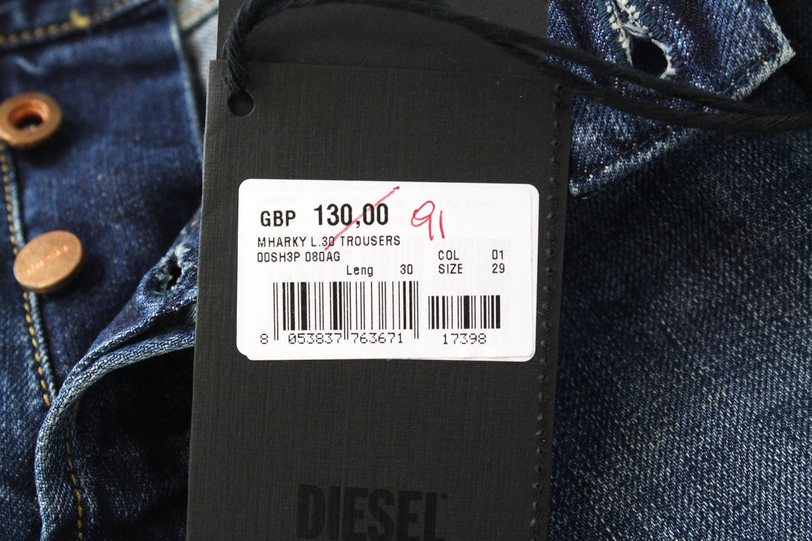 DIESEL Mharky 080AG Men Jeans W29/L30 Slim-Skinny Fit Distressed Blue Cotton