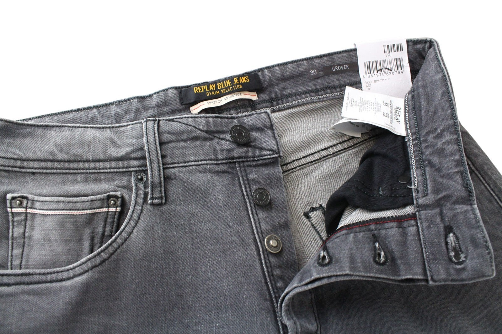 REPLAY Grover Men Jeans W30/L32 Selvedge Classic Mid Grey Stretch Straight Fit