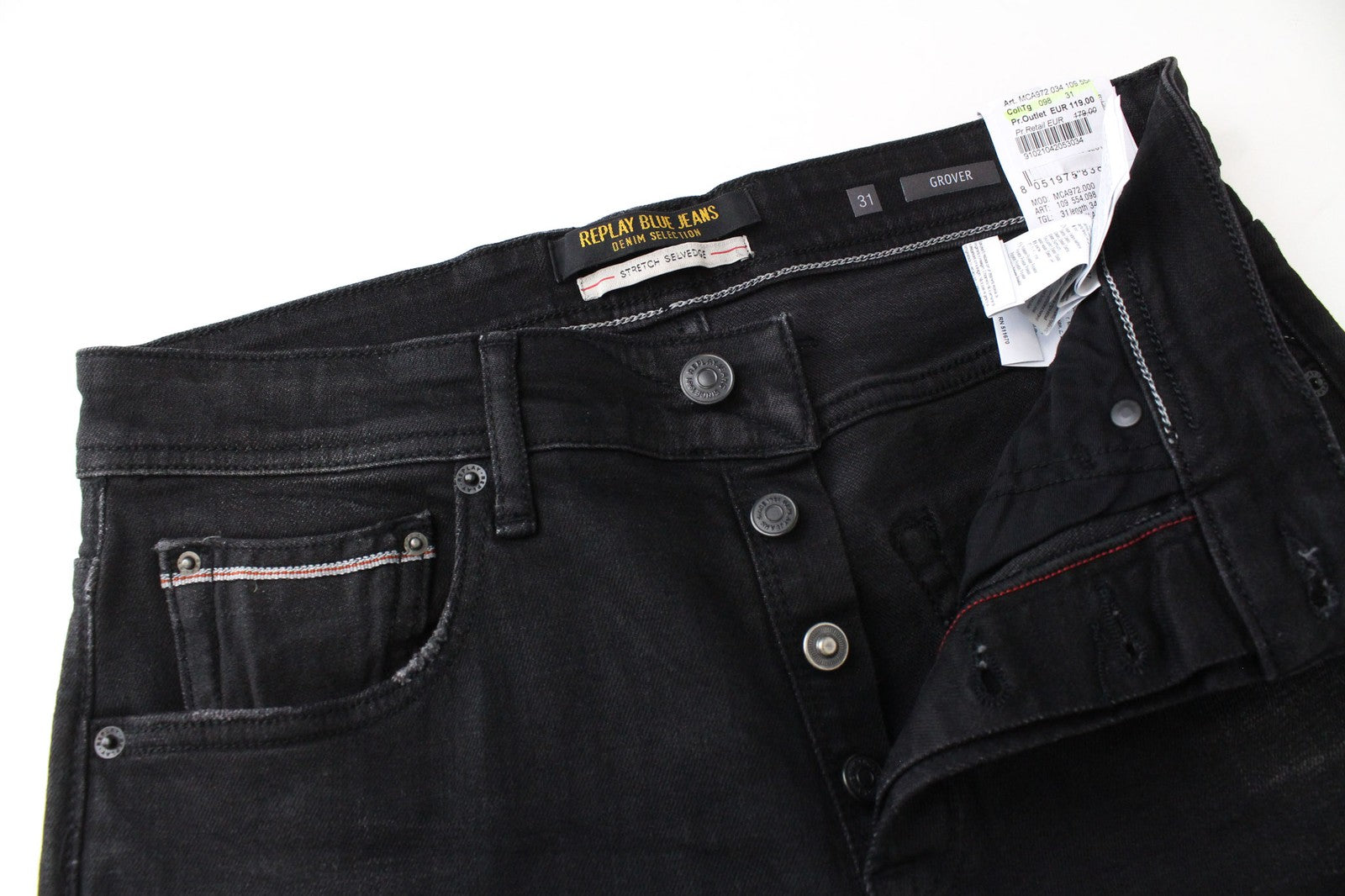 REPLAY Grover Men Jeans W31/L34 Straight Black Cotton Stretch 5-Pocket Selvedge