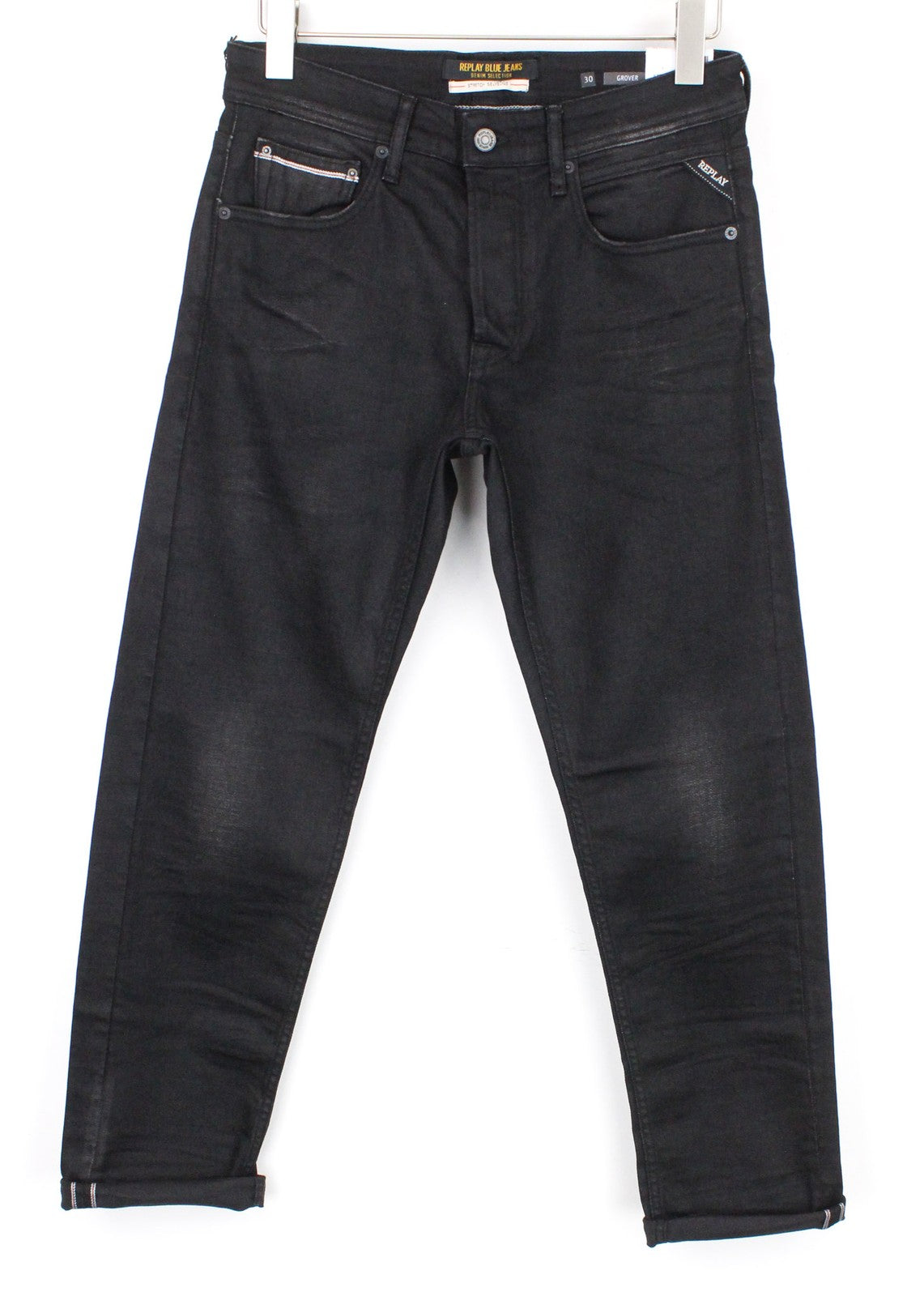 REPLAY Grover Men Jeans W31/L34 Straight 5-Pocket Black Cotton Stretch Selvedge*