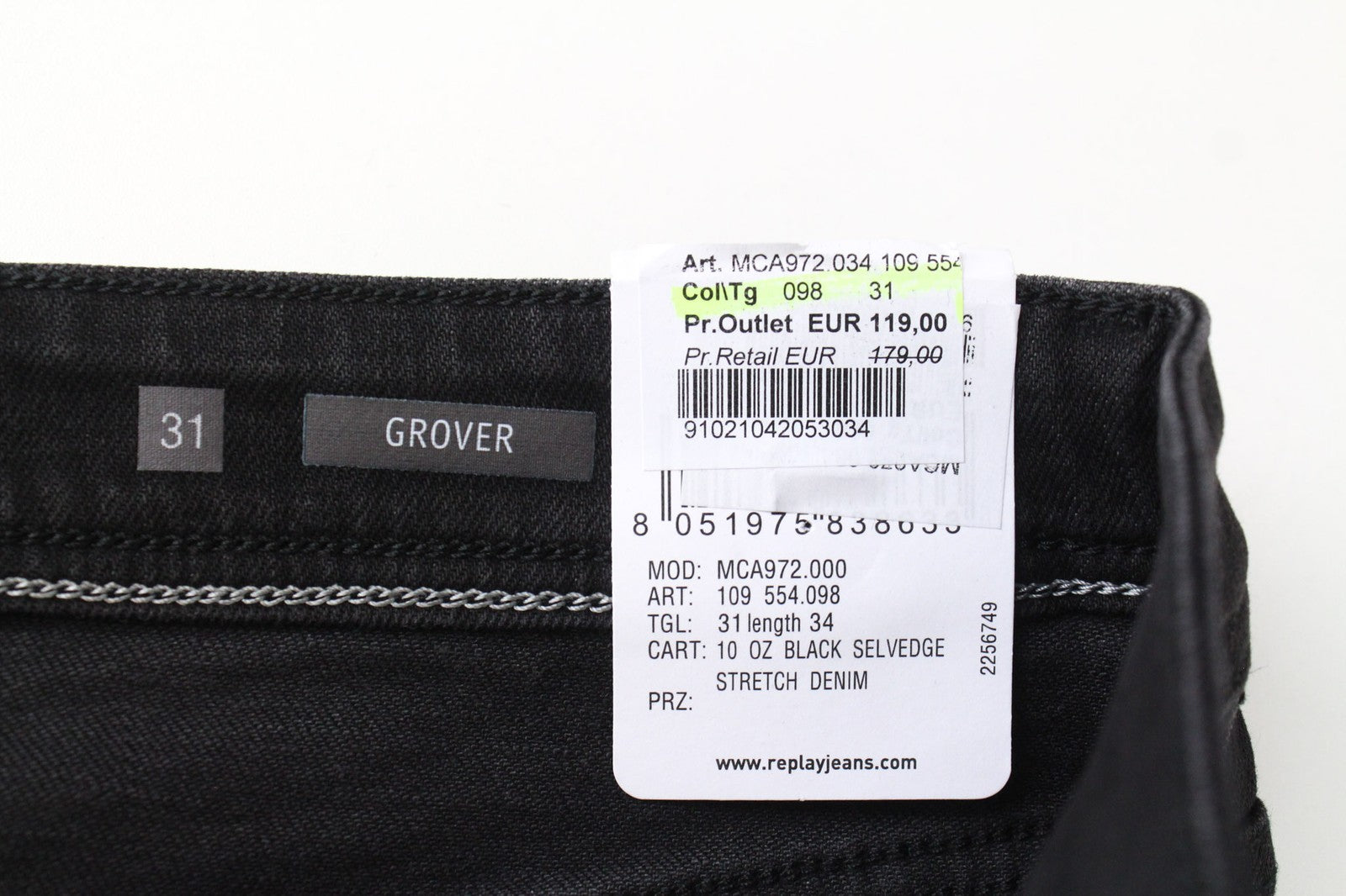 REPLAY Grover Men Jeans W31/L34 Straight 5-Pocket Black Cotton Stretch Selvedge*