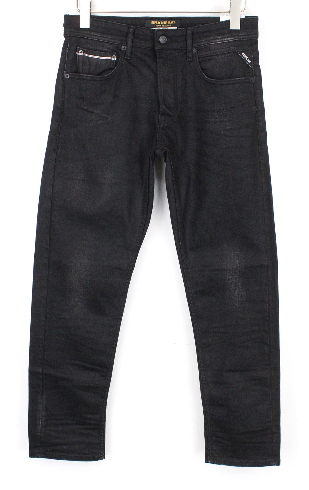 REPLAY Grover Men Jeans W31/L34 Straight 5-Pocket Black Cotton Stretch Selvedge*