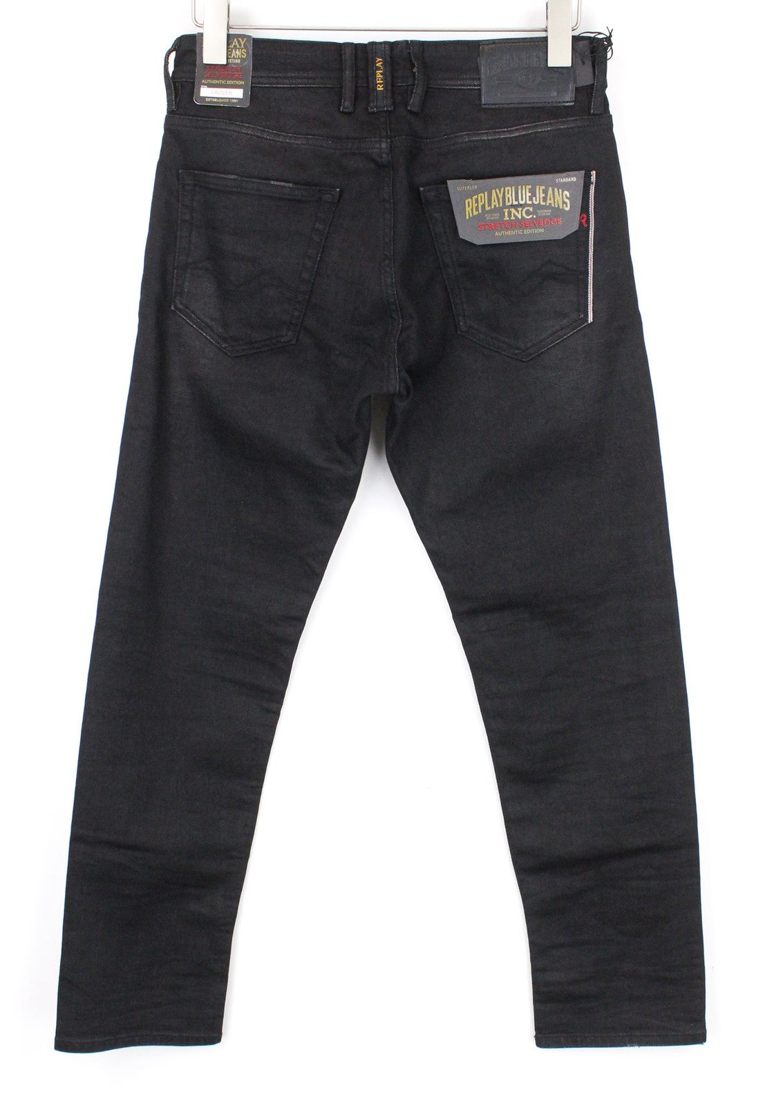 REPLAY Grover Men Jeans W31/L34 Straight 5-Pocket Black Cotton Stretch Selvedge*