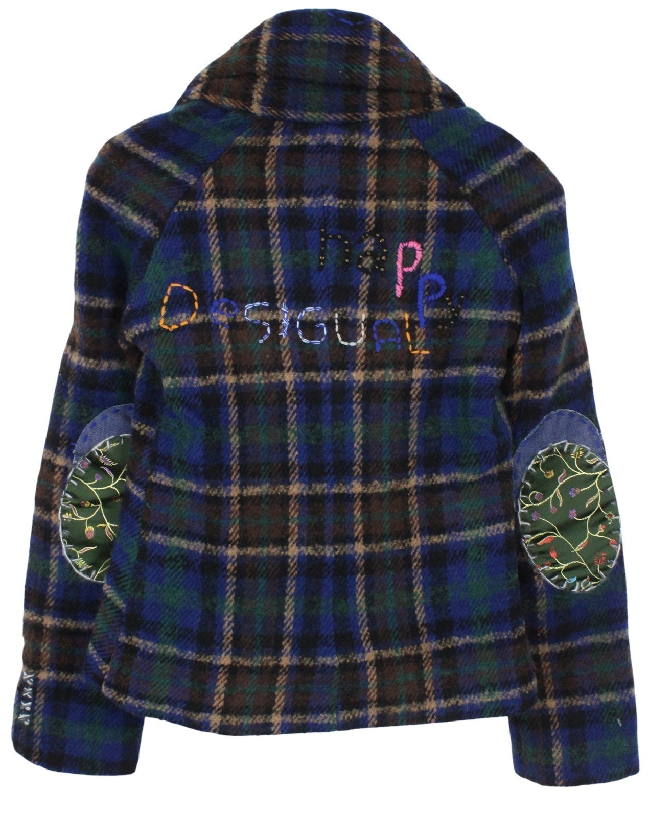DESIGUAL Women Jacket 38 Blue Wool Blend Checked Long Sleeved Single-Breasted