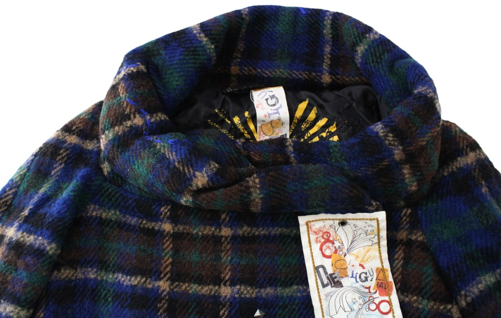 DESIGUAL Women Jacket 38 Blue Wool Blend Checked Long Sleeved Single-Breasted