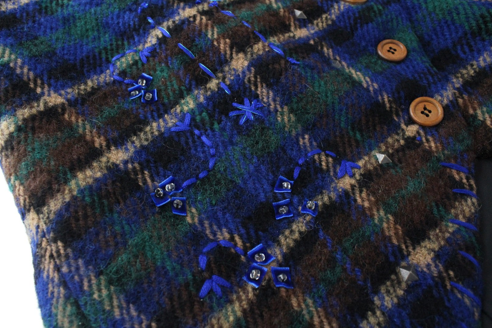DESIGUAL Women Jacket 38 Blue Wool Blend Checked Long Sleeved Single-Breasted