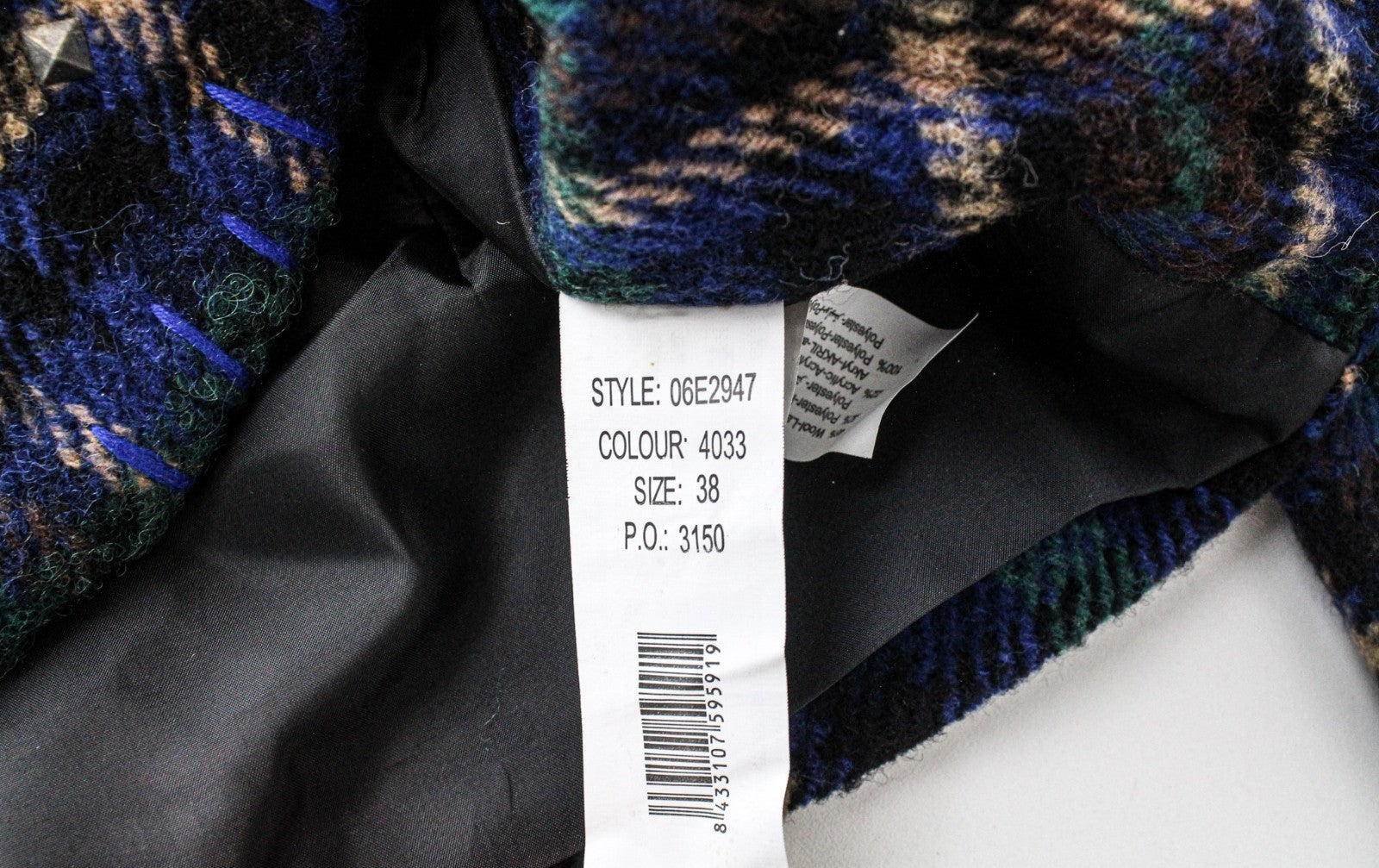 DESIGUAL Women Jacket 38 Blue Wool Blend Checked Long Sleeved Single-Breasted