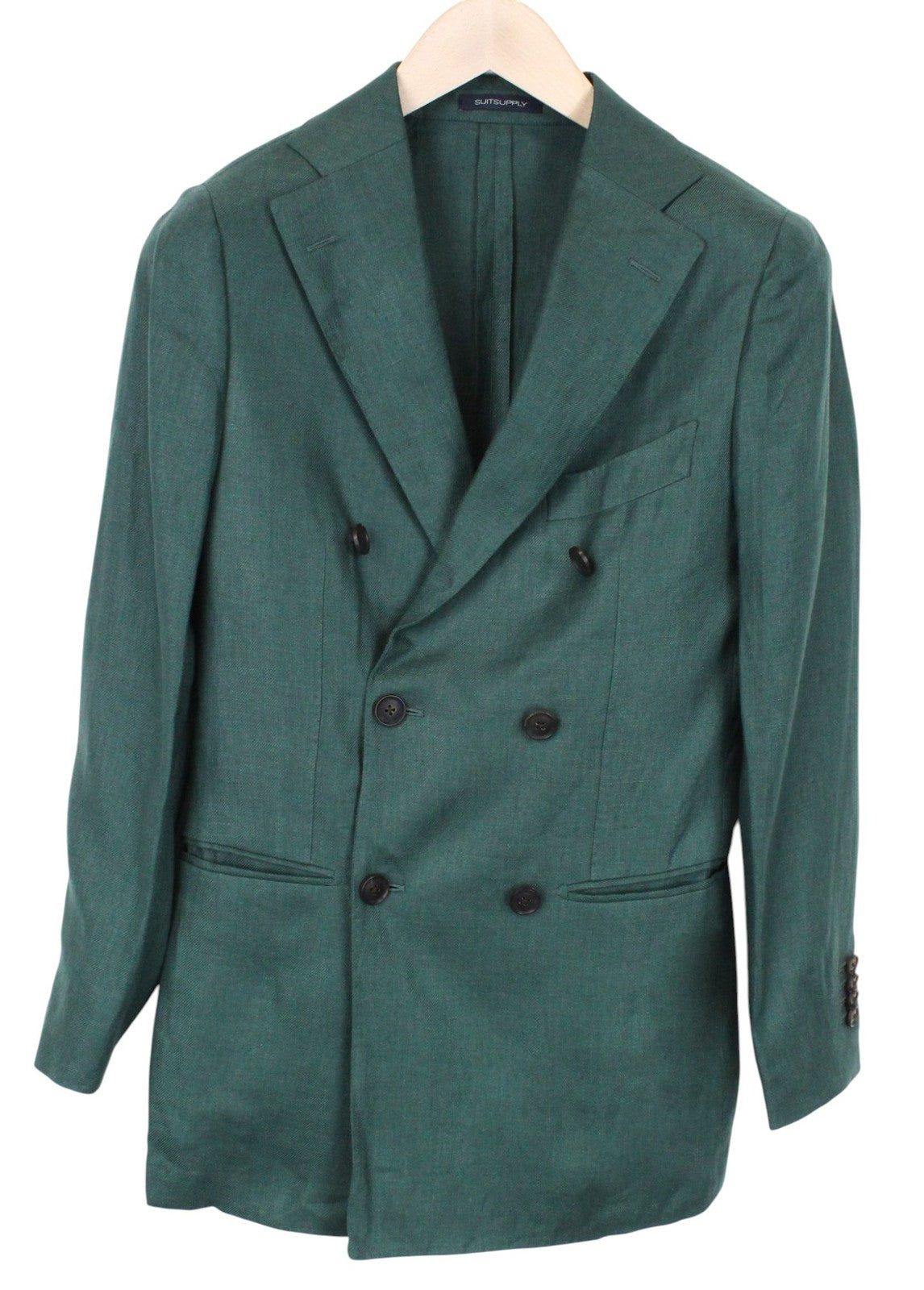 SUITSUPPLY La Spalla Men Suit UK32R Green 2-Piece Slim Melange Two-Row Linen
