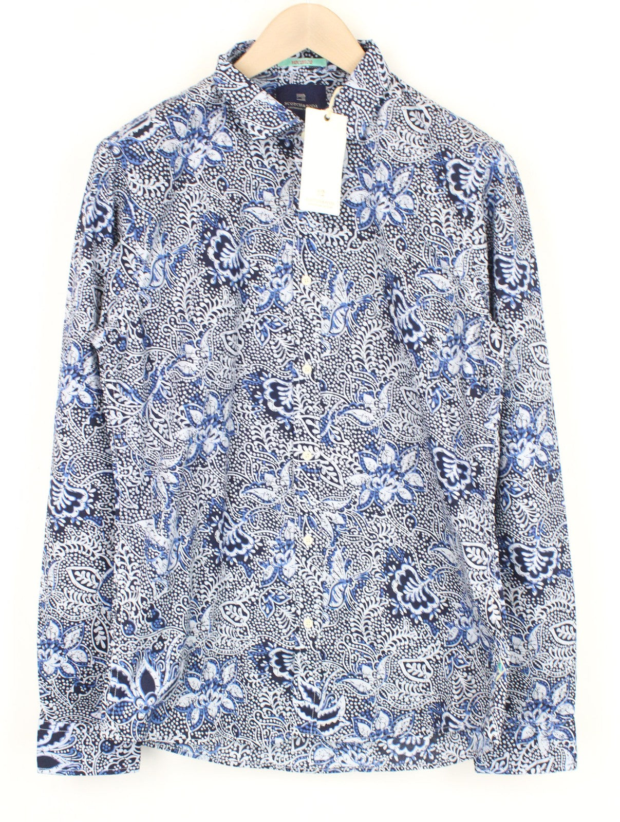 SCOTCH & SODA Men Shirt L Blue Graphic Pattern Cotton Blend Stretch Melange