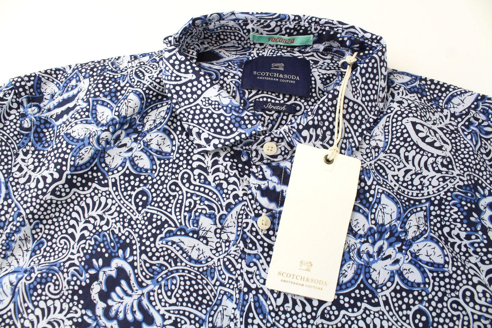 SCOTCH & SODA Men Shirt L Blue Graphic Pattern Cotton Blend Stretch Melange