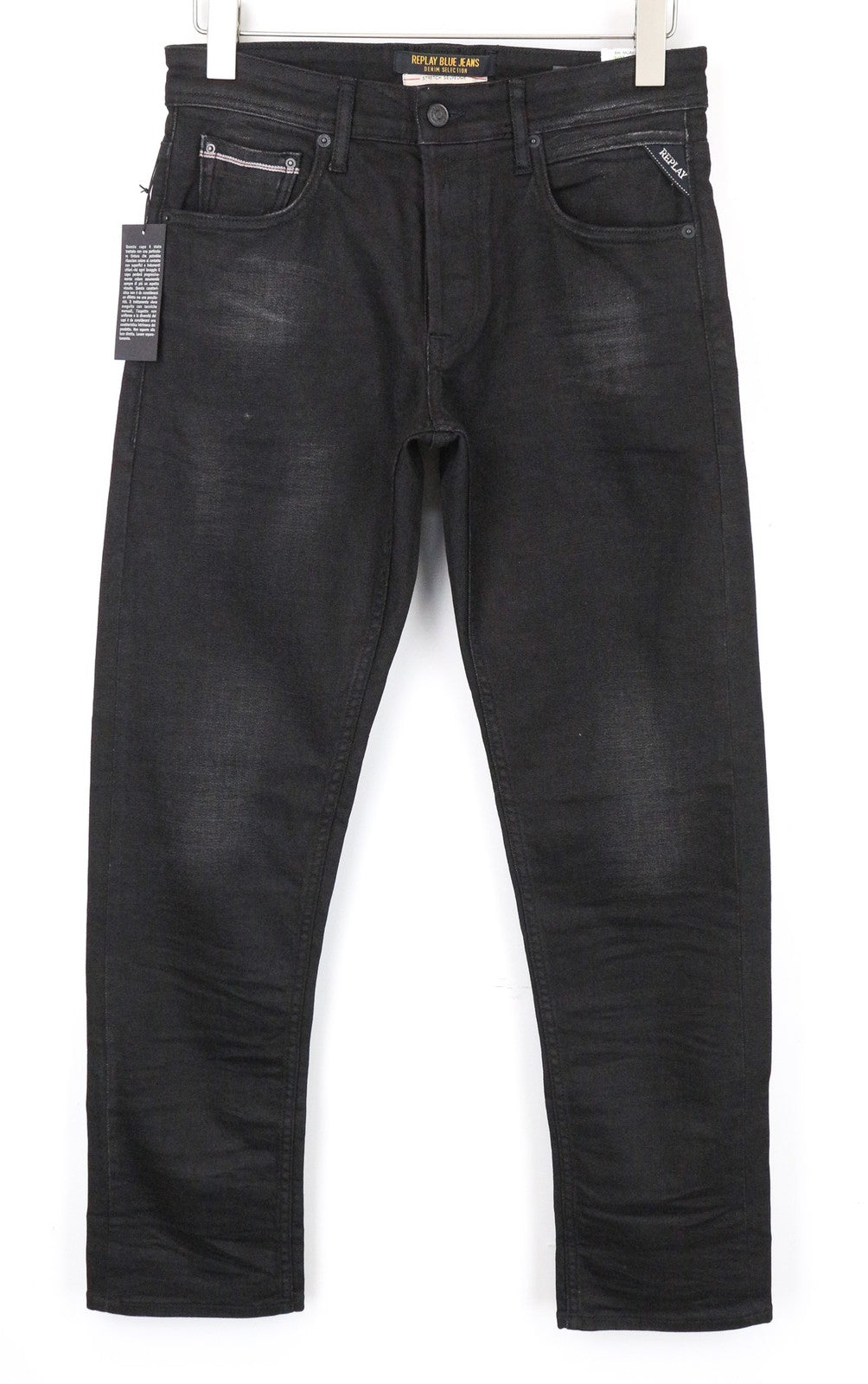 REPLAY Grover Men Jeans W29/L30 Black Stretch Straight Fit Selvedge Buttoned