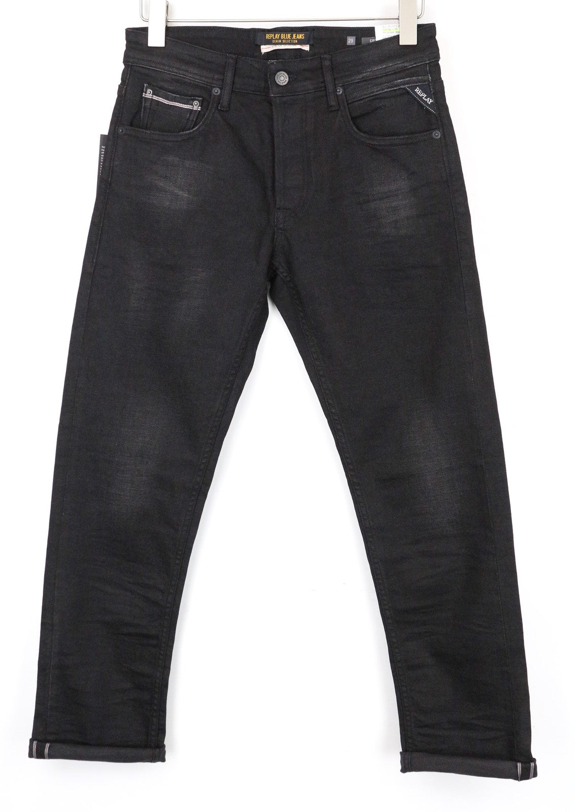 REPLAY Grover Men Jeans W30/L30 Selvedge Black Stretch Straight Fitted Button