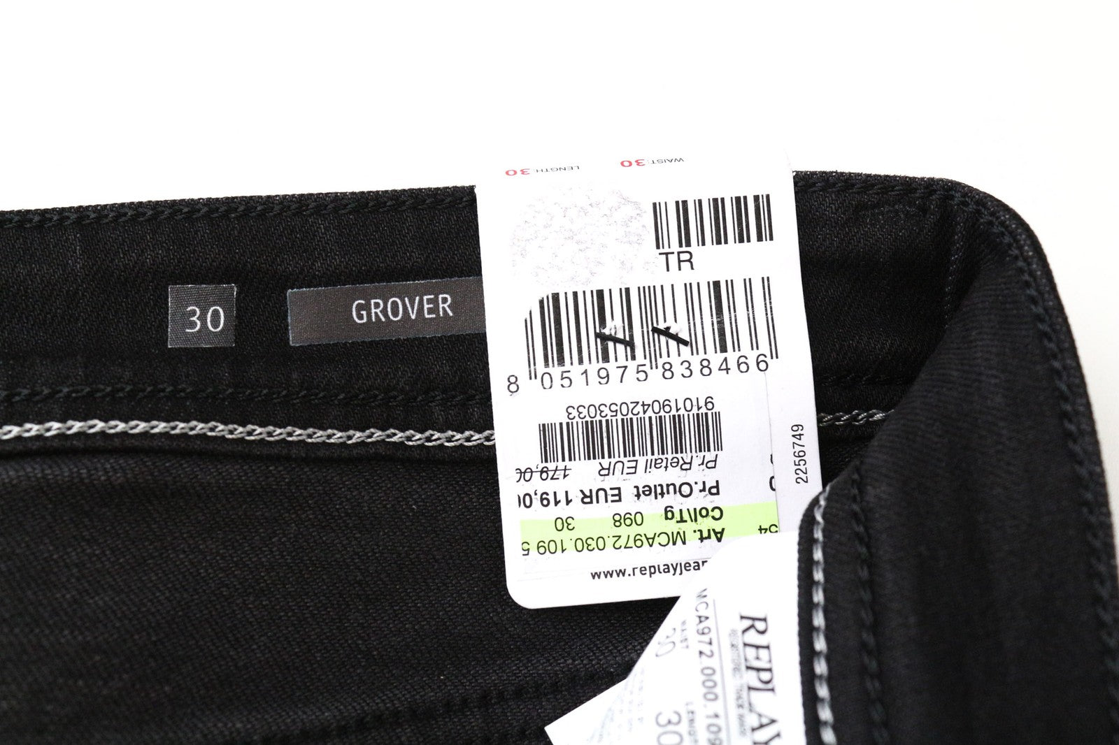 REPLAY Grover Men Jeans W30/L30 Selvedge Black Stretch Straight Fitted Button