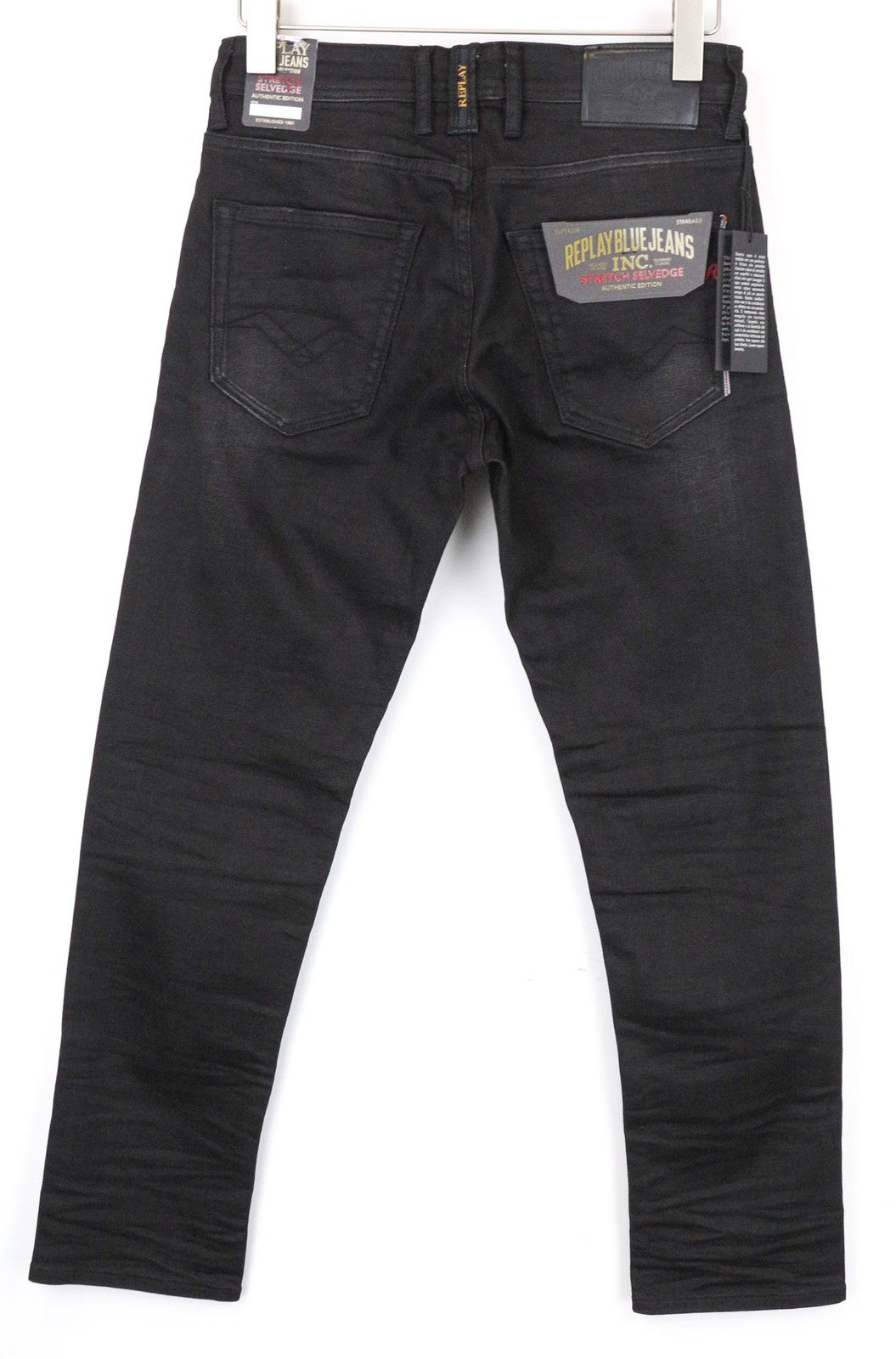REPLAY Grover Men Jeans W30/L30 Selvedge Black Stretch Straight Fitted Button