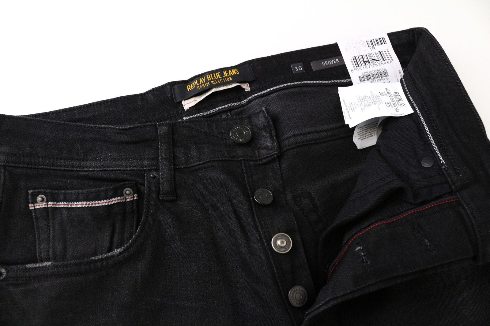 REPLAY Grover Men Jeans W30/L30 Selvedge Black Stretch Straight Fitted Button