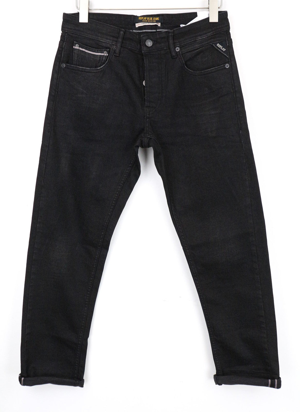 REPLAY Grover Men Jeans W29/L32 Button-Fly Black Stretch Straight Cut Selvedge
