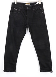 REPLAY Grover Men Jeans W29/L32 Button-Fly Black Stretch Straight Cut Selvedge