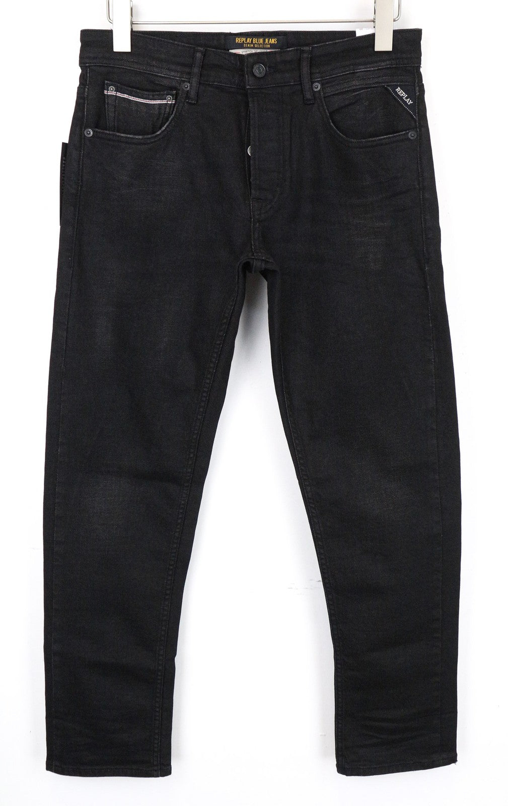 REPLAY Grover Men Jeans W29/L32 Button-Fly Black Stretch Straight Cut Selvedge