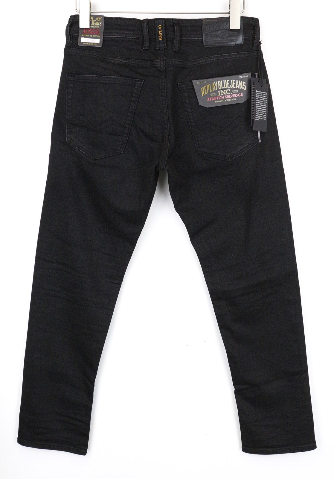 REPLAY Grover Men Jeans W29/L32 Button-Fly Black Stretch Straight Cut Selvedge