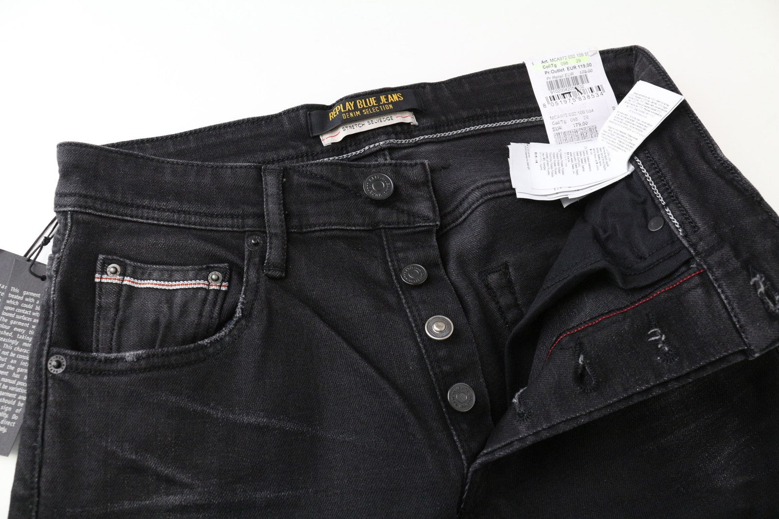 REPLAY Grover Men Jeans W29/L32 Button-Fly Black Stretch Straight Cut Selvedge