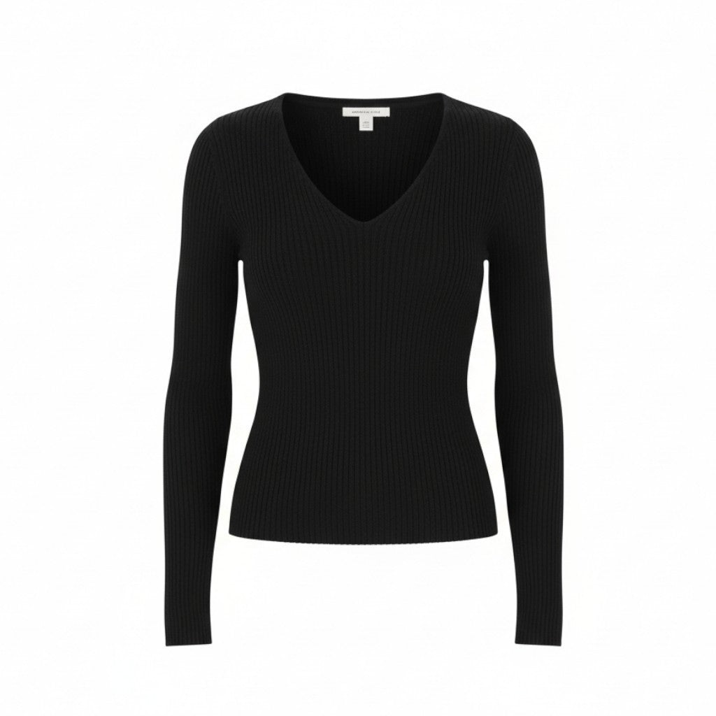 AMERICAN EAGLE OUTFITTERS Women Jumper M Black Rib Knit V-Neck Pull On