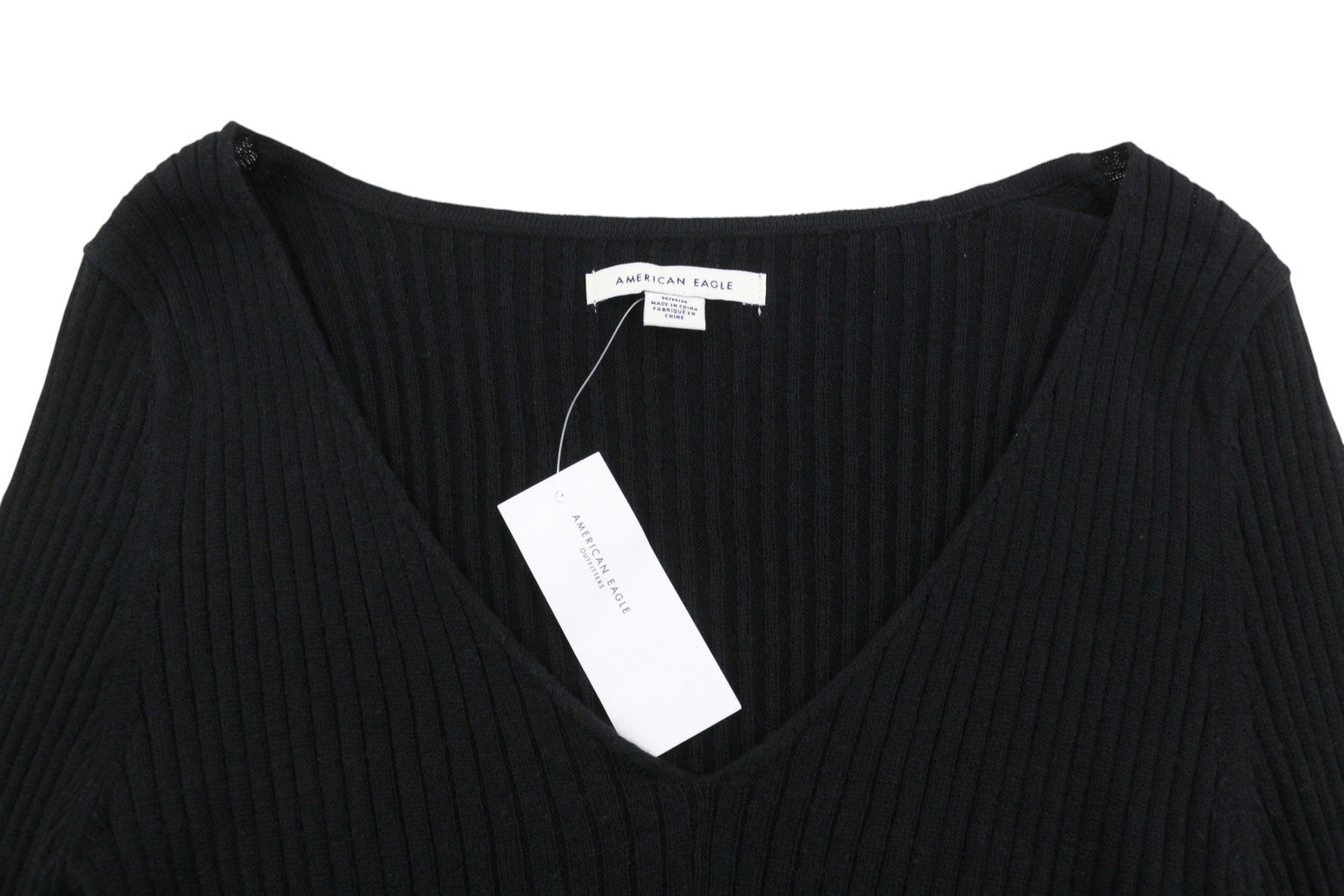 AMERICAN EAGLE OUTFITTERS Women Jumper M Black Rib Knit V-Neck Pull On