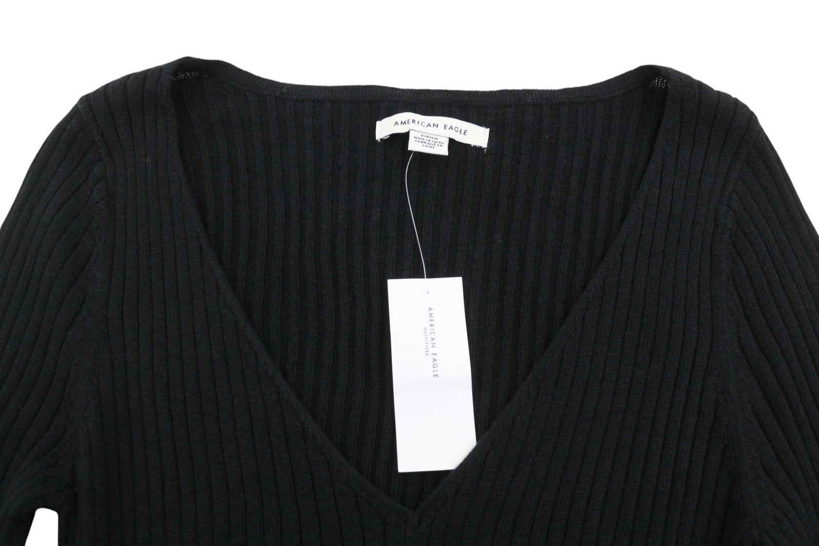 AMERICAN EAGLE OUTFITTERS Women Jumper S Black Rib Knit V-Neck Pull On