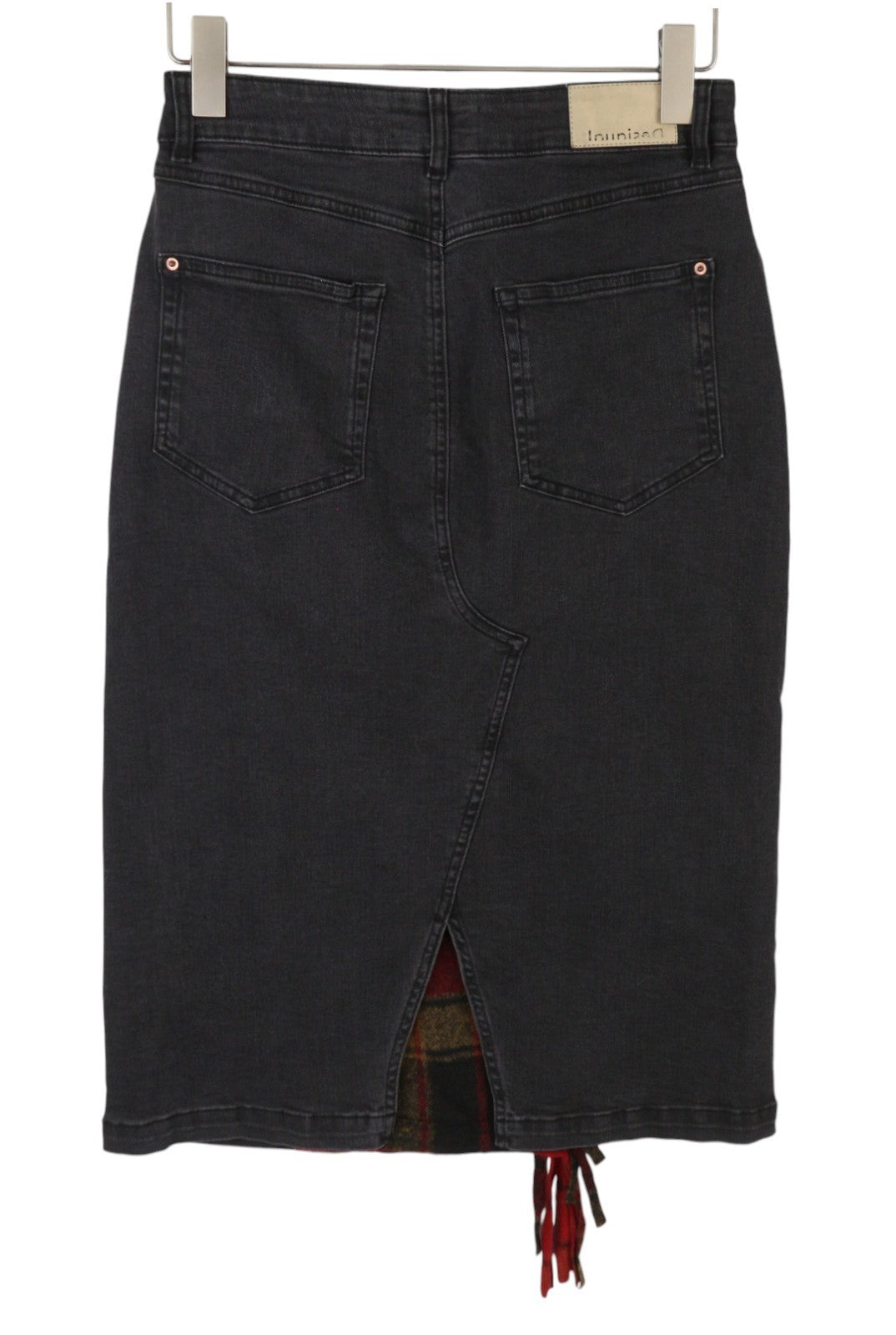 DESIGUAL Fal Dora Women Skirt L Black Denim Check Fringe Slim Knee Length