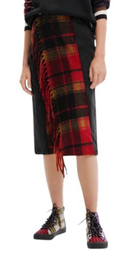 DESIGUAL Fal Dora Women Skirt XS Black Denim Check Fringe Slim Knee Length