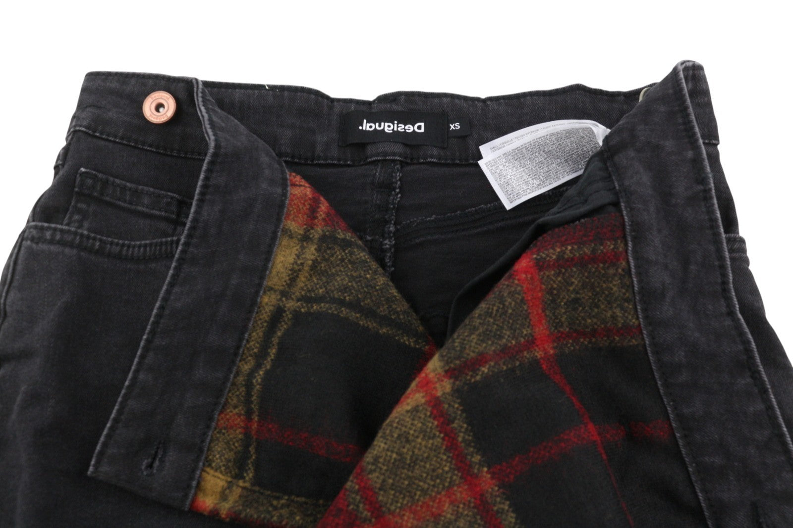 DESIGUAL Fal Dora Women Skirt XS Black Denim Check Fringe Slim Knee Length