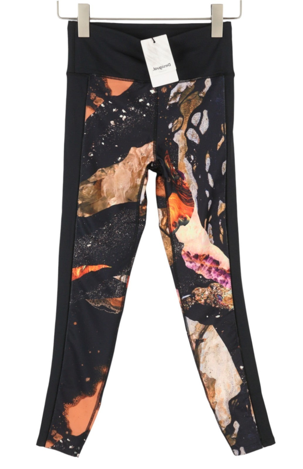 DESIGUAL Flore Women Leggings S Black Mineral Digital Print Cropped Stretch